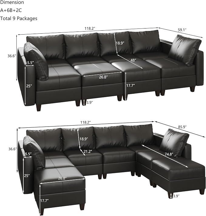 EASE MOOSE Modular Sofa Sectional Couch with Storage Ottomans,Black Faux Leather Sectional Sofa U Shaped Sofa Modular Sectional Sofa Couch