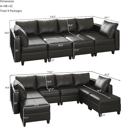EASE MOOSE Modular Sofa Sectional Couch with Storage Ottomans,Black Faux Leather Sectional Sofa U Shaped Sofa Modular Sectional Sofa Couch