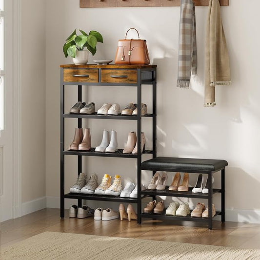 Shoe Rack Bench Shoe Rack for Entryway, Cushioned Entryway Shoe Storage with 2 Drawers & 5-Tier Organizer, Metal Frame Wood Top Narrow Space-Saving Hallway Organizer for Closet & Front Door