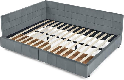 Bellemave Queen Size Corner Bed Frame with Storage Drawers, Comfortable Backrest and Armrests, Velvet Tufted Corner Bed Frame Queen Size, Upholstered Daybed for Bedroom, Living Room, Guest Room, Gary