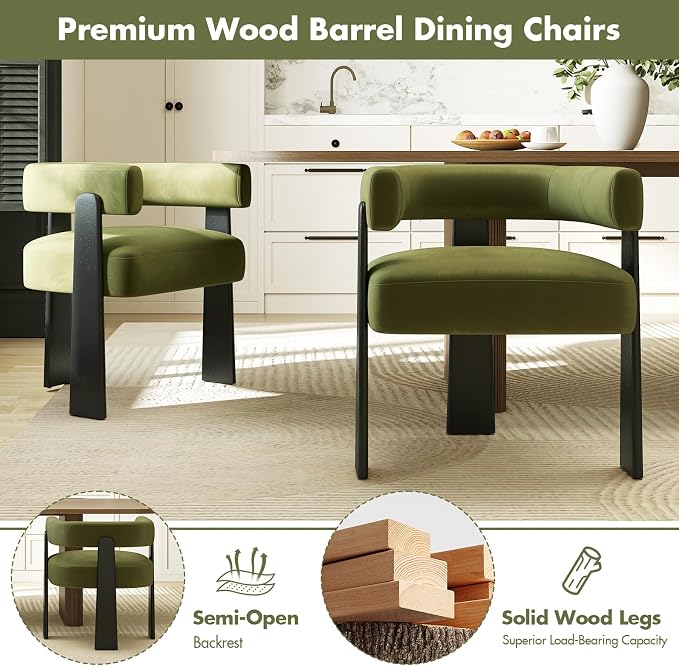 Hyfirm Modern Dining Chairs Set of 4, Upholstered Velvet Barrel Accent Chairs with Backrest & Arms, Wide and Thicker Padded Kitchen Side Chair with Wooden Legs for Dining Room, Livingroom, Dark Green