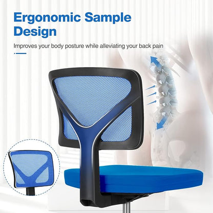 Sweetcrispy Ergonomic Low-Back Mesh Small Office Chair, Rolling Work Swivel Chairs with Wheels, Armless Comfortable Seat Lumbar Support for Home, Bedroom, Study, Student, Adults, Blue