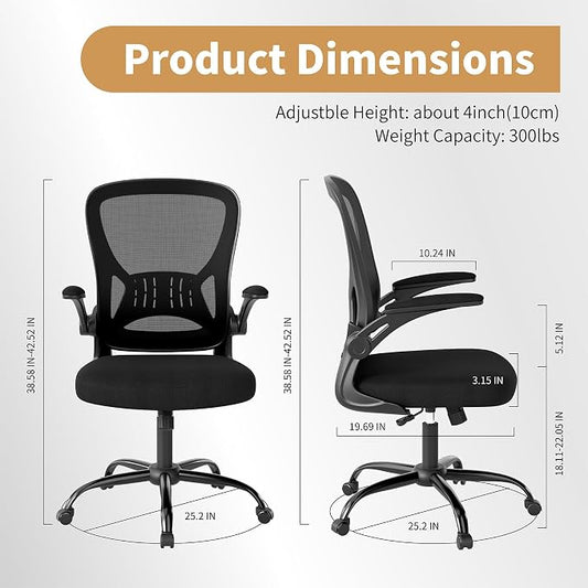 Youhauchair Mesh Office Chair, Ergonomic Home Office Desk Chairs with Flip-up Arms and Lumbar Support, Height Adjustable, Black