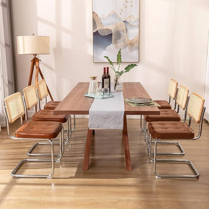 Zesthouse Natural Rattan Dining Chairs Set of 4, Mid Century Modern Dining Room Chairs with Chrome Leg, Faux Leather Kitchen Chair with Solid Wood Back & Cane Mesh, Breuer Cesca Design Inspired, Brown