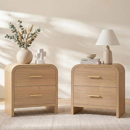 Night Stand Set of 2 [Unique Curved Profile] [FSC-Certified Wooden Board] 2-Drawer Nightstand 24" H Metal Handle Modern Sturdy Bedside Table Side Table End Table
