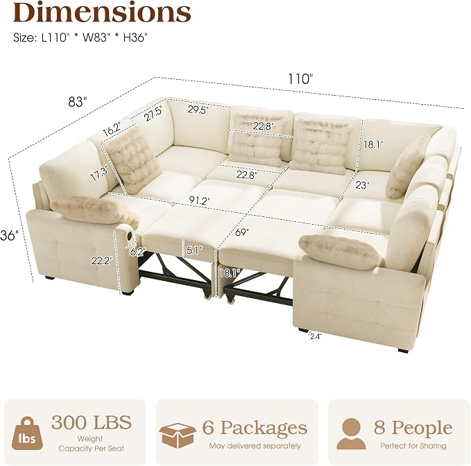 Ihanherry Large U-Shaped Sectional Sofa Bed, 8-Seater Convertible Sleeper with Storage Ottoman & 6 Pillows, USB Charging Ports, Premium Chenille Fabric for Big Living Room, Family Theater（Beige）