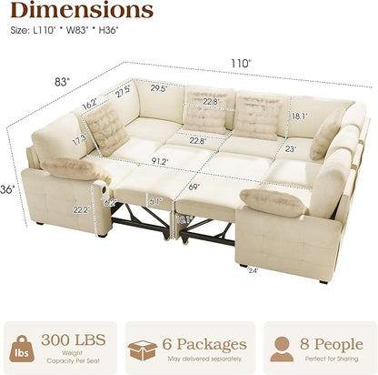 Ihanherry Large U-Shaped Sectional Sofa Bed, 8-Seater Convertible Sleeper with Storage Ottoman & 6 Pillows, USB Charging Ports, Premium Chenille Fabric for Big Living Room, Family Theater（Beige）