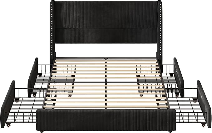 LARMACE Queen Size Bed Frame with 4 Storage Drawers Corduroy Bed Upholstered Platform Bed Frame with 48" Tall Headboard, Solid Wood Leg/No Box Spring Needed/Noise Free, Black