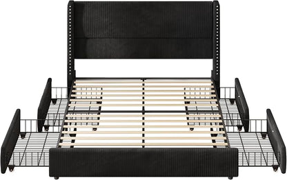 LARMACE Queen Size Bed Frame with 4 Storage Drawers Corduroy Bed Upholstered Platform Bed Frame with 48" Tall Headboard, Solid Wood Leg/No Box Spring Needed/Noise Free, Black
