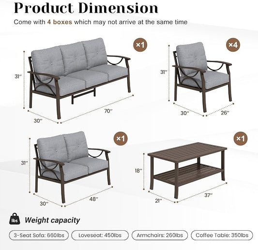 FansaFurn 7-Pieces Outdoor Patio Furniture Set, Outdoor Metal Sectional Furniture with Cushions, Outdoor Conversation Seating Set with Coffee Table for Garden, Balcony, Deck, Backyard, Grey