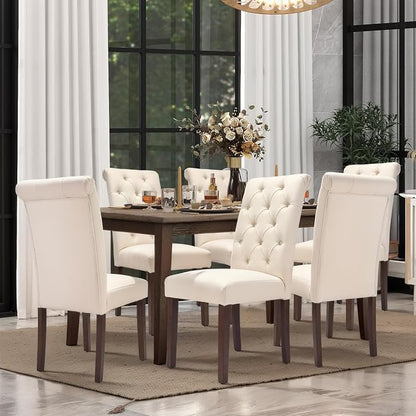COLAMY Tufted Dining Chairs Set of 4, Accent Parsons Diner Chair Upholstered Fabric Stylish Kitchen Chairs with Solid Wood Legs and Padded Seat, Beige