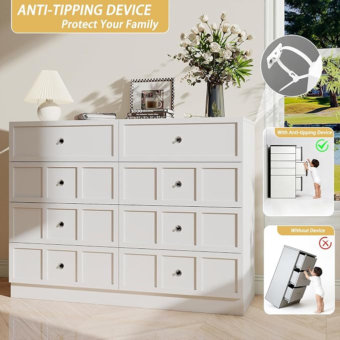8 Drawer Dresser for Bedroom: 47" White Chest of Drawers with Deep Drawers, Tall Fluted Dresser with Storage, Modern Wood Dressers for Bedroom, Living Room