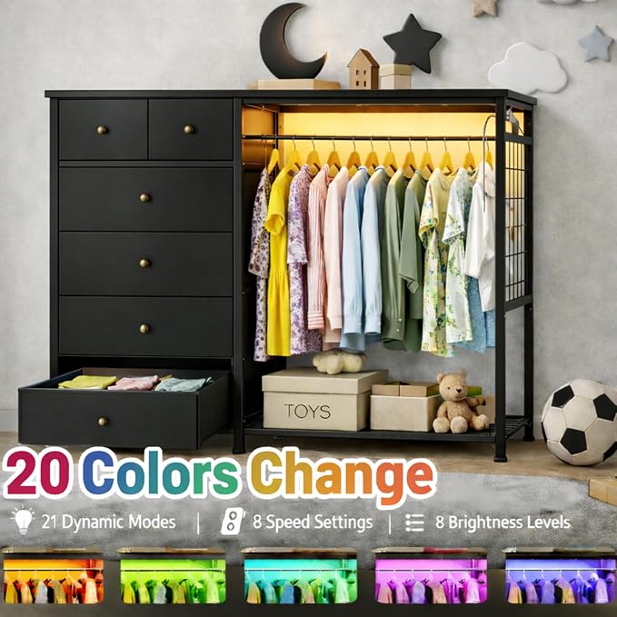 Simple Deluxe Storage Clothes Rack with 6 Drawers, Charging Station & LED Lights, Fabric Chest Shelves Clothing Rack, Wooden Portable Wardrobe Closet, 49.2" W x 15.7" D x 47.2" H, Black