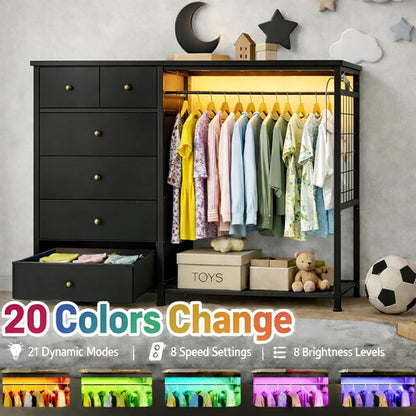 Simple Deluxe Storage Clothes Rack with 6 Drawers, Charging Station & LED Lights, Fabric Chest Shelves Clothing Rack, Wooden Portable Wardrobe Closet, 49.2" W x 15.7" D x 47.2" H, Black