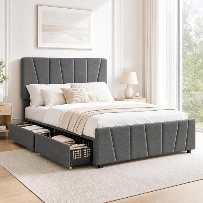 Full Size Bed Frame with Upholstered Headboard & 4 Storage Drawers with Wheels, Platform Bed Frame with Wooden Slat Support, Adjustable Headboard, No Box Spring Needed, Noise-Free, for Bedroom