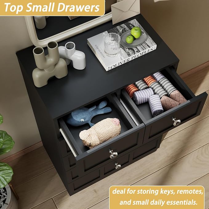 6 Drawer Dresser for Bedroom: 24" Black Chest of Drawers with Deep Drawers, Tall Fluted Dresser with Storage, Modern Wood Dressers for Bedroom, Living Room