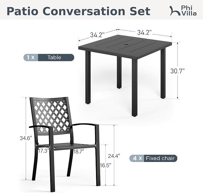PHI VILLA 5 Piece Metal Patio Table and Chairs Set, 34.2" Metal Square Table with Umbrella Hole & Stackable Wrought Iron Chairs, All Weather Outdoor Dining Set for Patio, Deck, Backyard, Porch