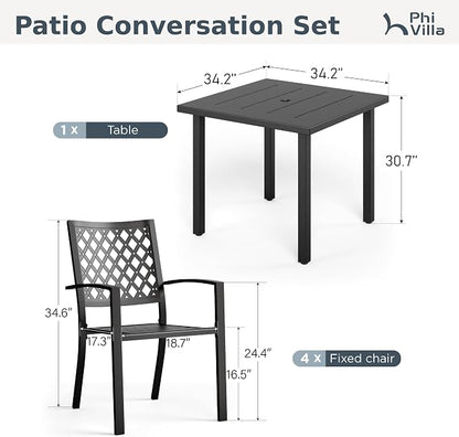 PHI VILLA 5 Piece Metal Patio Table and Chairs Set, 34.2" Metal Square Table with Umbrella Hole & Stackable Wrought Iron Chairs, All Weather Outdoor Dining Set for Patio, Deck, Backyard, Porch