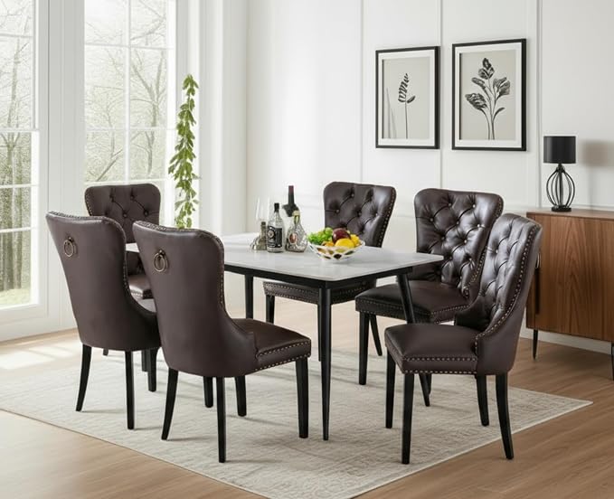CIMOTA Dark Brown Leather Dining Chairs Set of 8 Mid Century Modern Dining Room Chairs Tufted Upholstered Kitchen Dining Chairs Comfortable Side Chairs with Nailhead Trim/Ring Back (PU Espresso/8PCS)