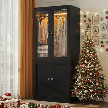 VOWNER 75" Tall Armoire Wardrobe Closet with Drawers & Lights, Clothing Storage Cabinet with 2 Glass Doors & Hanging Rod, Wooden Armoire Storage Cabinet for Bedroom (Black, 75''H)