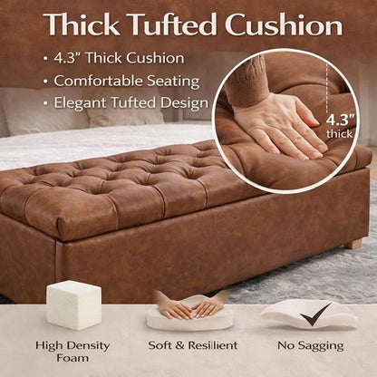 60.2" Storage Bench, End of Bed Storage Benches, PU Fabric Upholstered Ottoman Bench with Safety Hinge for Living Room Entryway Bedroom Hallway