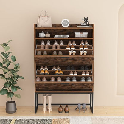 Shoe Cabinet Storage for Entryway, 3 Layers Shoe Cabinet with 2 Flip Drawers, Metal Legs Shoe Storage, Adjustable Shoe Rack Cabinet