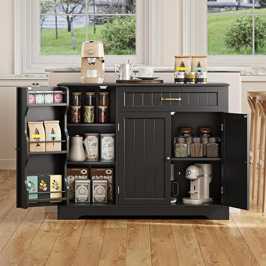 Gizoon Kitchen Sideboard Buffet Cabinet with Storage Small Coffee Bar Cabinet with Drawer, Kitchen Pantry Storage Cabinet with Door and Shelves for Bathroom and Living Room, Black, Painted
