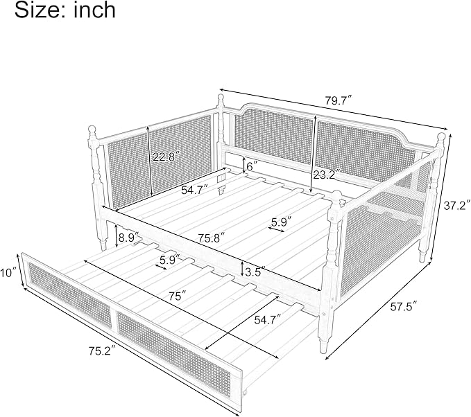 Merax Full Size Bedframe with Full Trundle and Footboard, Vintage Wooden Daybed Platform Bed with Natural Rattan Headboard, No Box Spring Needed, Noise-Free, Antique Walnut
