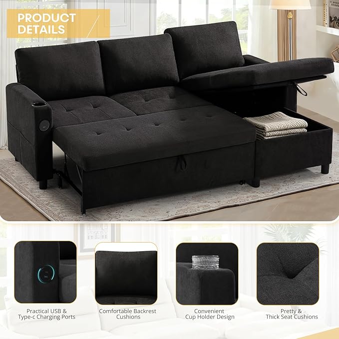 84" Fabric Pull-Out Couch Bed w/Adjustable Backrests, Black | Sectional Sleeper Sofa w/USB Ports & 2 Cup Holders, Upholstered L-Shaped Couch w/Storage Chaise for Living Room, House