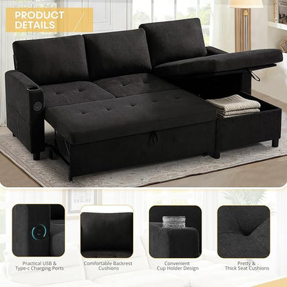 84" Fabric Pull-Out Couch Bed w/Adjustable Backrests, Black | Sectional Sleeper Sofa w/USB Ports & 2 Cup Holders, Upholstered L-Shaped Couch w/Storage Chaise for Living Room, House