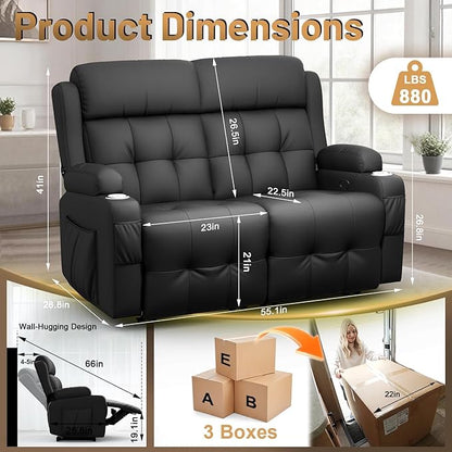 Reclining Loveseat, Wall-Hugger Loveseat Recliner Design with USB/Type C Charging & Storage & Cupholder, Pebble-Weave Fabric Recliner Sofa Couch for Living Room, Home Theater & RV Use