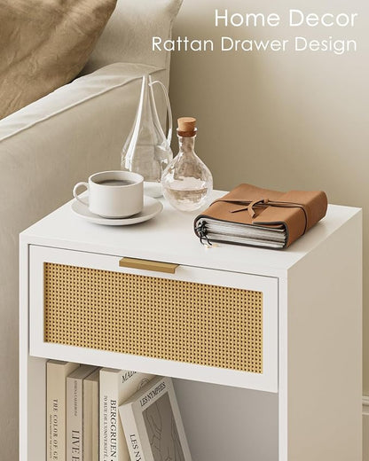 Masupu Rattan Nightstand,Modern Night Stand Boho Farmhouse Wood Bedside Table with Storage Drawer Side End Table for Bedroom,Office,White