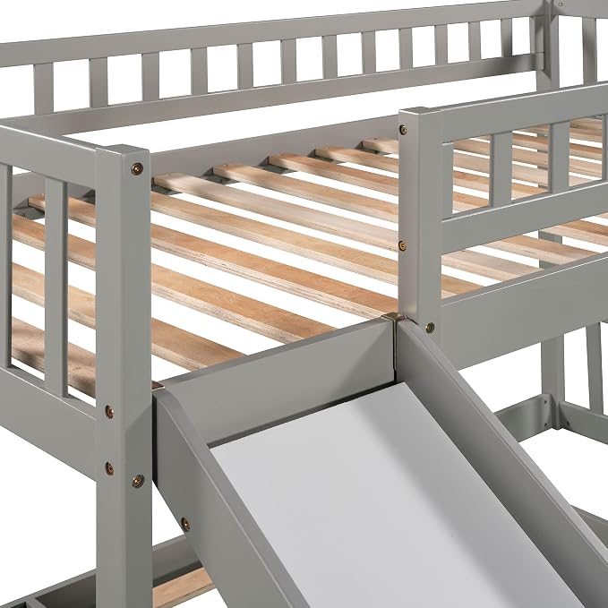 Ball & Cast Twin Over Twin Size Bunk Bed with Two Drawers and Slide,Wood Bunkbed w/Full-Length Guardrails & Storage Ladder,Space Saving,Slat Support,Bedframe for Child's Bedroom,Gray
