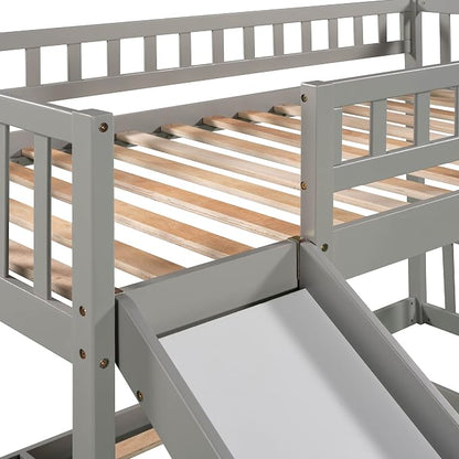 Ball & Cast Twin Over Twin Size Bunk Bed with Two Drawers and Slide,Wood Bunkbed w/Full-Length Guardrails & Storage Ladder,Space Saving,Slat Support,Bedframe for Child's Bedroom,Gray