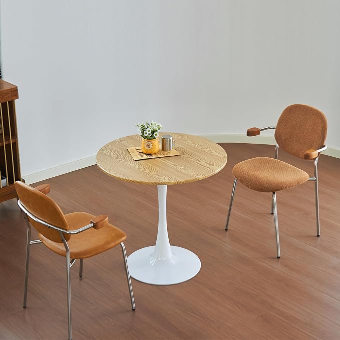 Round Dining Table, 24" Circle Tulip Table with Thickened Tabletop & Metal Pedestal, Mid Century Modern Bistro Table for Kitchen, Small Places, Living Room, Cafe (Faux Oak)