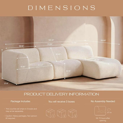 Curved Sectional Modular Couch with Chaise, Modern 105.91'' Boneless Sofa with Deep Seat, Sherpa Boucle Cloud Couch for Living Room, Cozy Teddy L-Shaped Couches, No Assembly, White