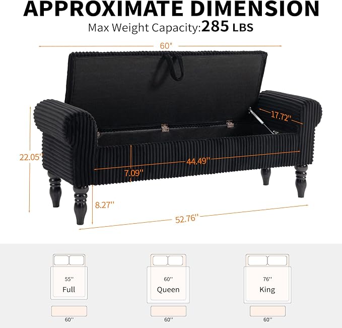 Storage Bench for Bedroom, 60" End of Bed Bench Premium Linen Upholstered Storage Ottoman, Entryway, Closet, Black