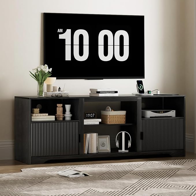 Fluted TV Stand for Tvs up to 80",Mid Century Modern TV Stand with Open Adjustable Shelf,Entertainment Center Wood TV Media Console with Cord Holes for Living Room Furniture Bedroom,Black