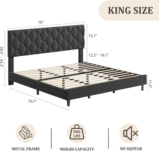 GarveeHome King Size Platform Bed Frame with Upholstered Headboard and Wooden Slats Support, Upholstered Mattress Foundation/No Box Spring Needed/Easy Assembly, Grey