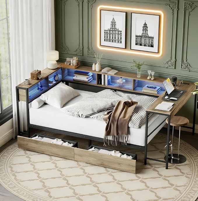 Bellemave Full Corner bedframe with Desk and Storage, Full Captains Bed with Charging Station and LED Light, Wood Daybeds with L-Shaped Bookcase and 2 Drawers, Grey