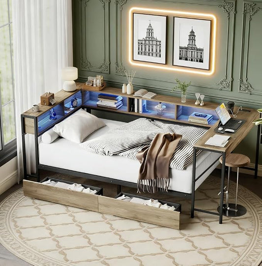 Bellemave Full Corner bedframe with Desk and Storage, Full Captains Bed with Charging Station and LED Light, Wood Daybeds with L-Shaped Bookcase and 2 Drawers, Grey