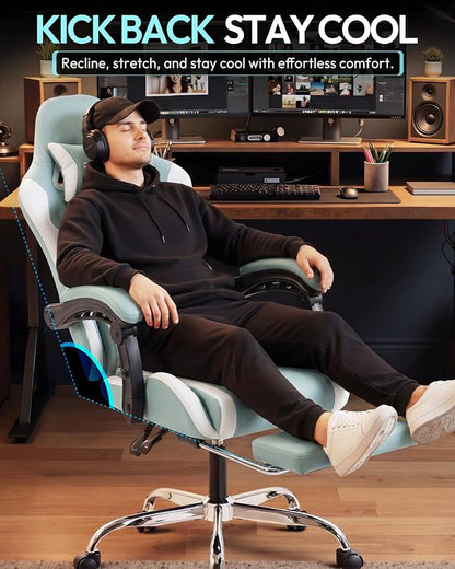 Dowinx Ergonomic Gaming Chair with Footrest & Massage Lumbar, 2D-Linkage Armrests for Computer Chair 330lbs with Headrest Pillow for Office, Home, Streaming and Long Gaming Sessions, Fabric Blue White