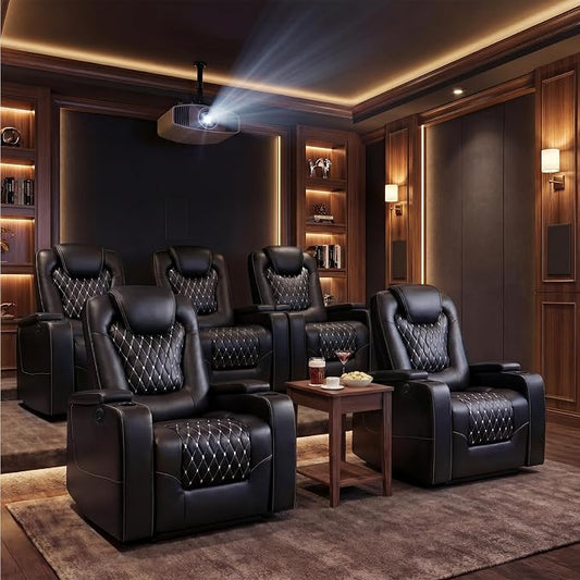 ANJ Power Recliner Chair Set of 5, Electric Soft Faux Leather Reclining Home Theater Seating - USB Ports, Cup Holders, Hidden Arm Storage Movie & Media Room Chairs (Black)