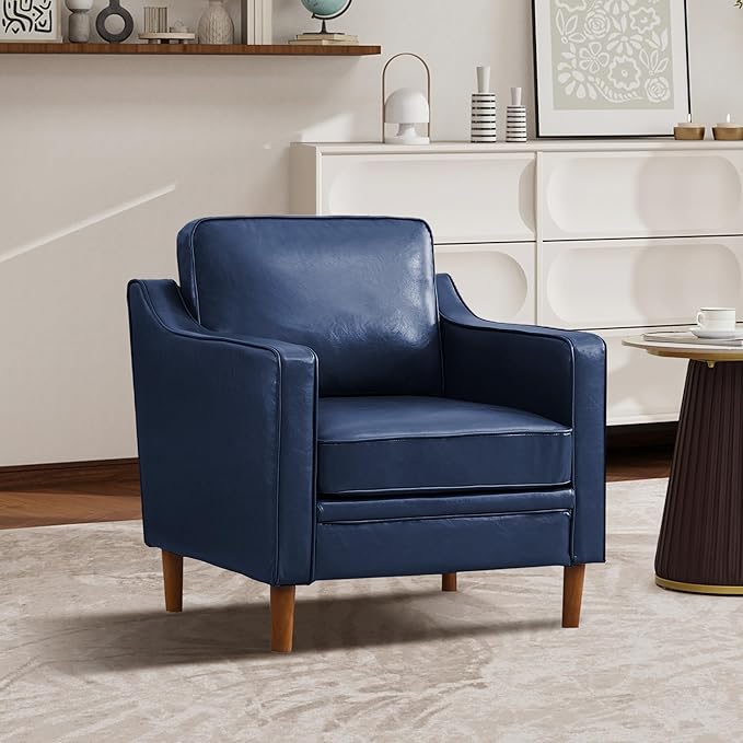 Kingfun Accent Chair, Living Room Chairs, Faux Leather Reading Armchair, Mid Century with Solid Wood Foot, Upholstered Modern Decor for Bedroom, Apartment