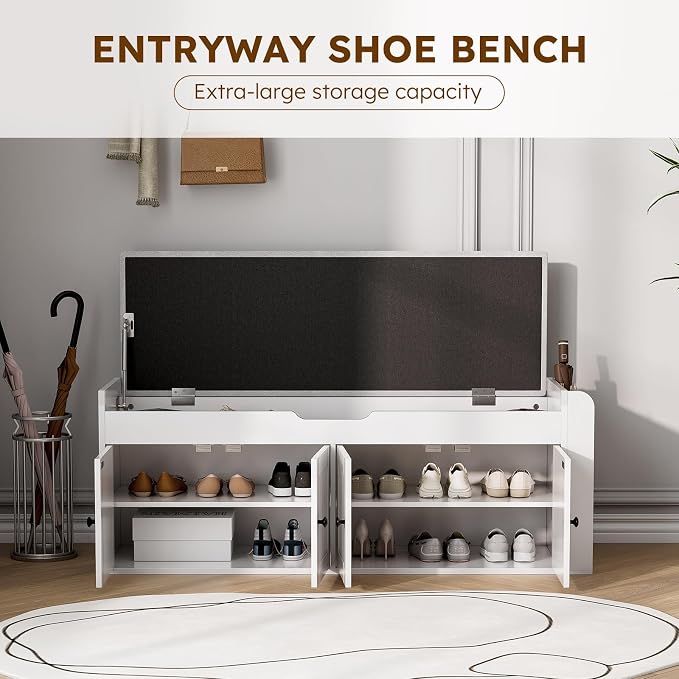 47.2" Storage Bench - Entryway Shoe Bench with Side Storage Shelves and 4 Doors, Multifunctional Entryway Bench with Lift Top Cushion, Shoe Storage Bench for Bedroom, Living Room, White