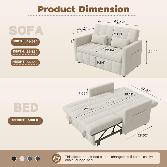 Nebuaegis Sleeper Sofa Bed,3-in-1 Convertible Pull Out Couch with Adjustable Backrest for Living Room,Loveseat Sofa Bed with Side Pockets,Easy Assembly,Beige,1 PCS