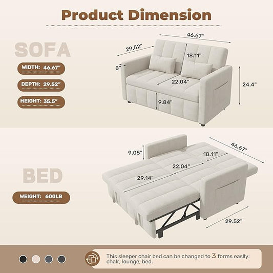 Nebuaegis Sleeper Sofa Bed,3-in-1 Convertible Pull Out Couch with Adjustable Backrest for Living Room,Loveseat Sofa Bed with Side Pockets,Easy Assembly,Beige,1 PCS