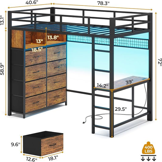 ADORNEVE Twin Size Loft Bed with Desk and 8 Storage Drawers, Metal Kids Loft Bed Twin with LED Lights & Charging Sation, Storage Shelves, 13.1" H Safety Guard & Ladder, Rustic Brown