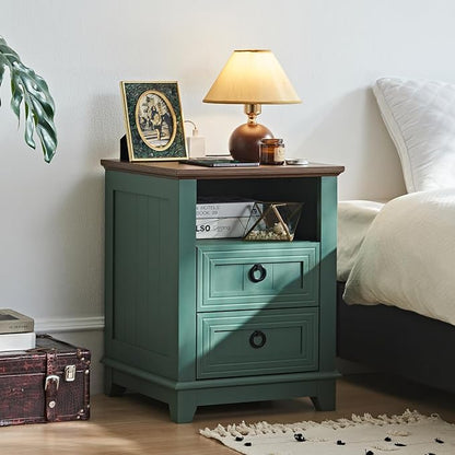 Joaxswe 18" Farmhouse Night Stands Set of 2 with Charging Station, 2 Drawers Bedside End Table, Green Wooden Nightstand, Bed Side Table Cabinet with Open Shelf for Bedroom Living Room Office