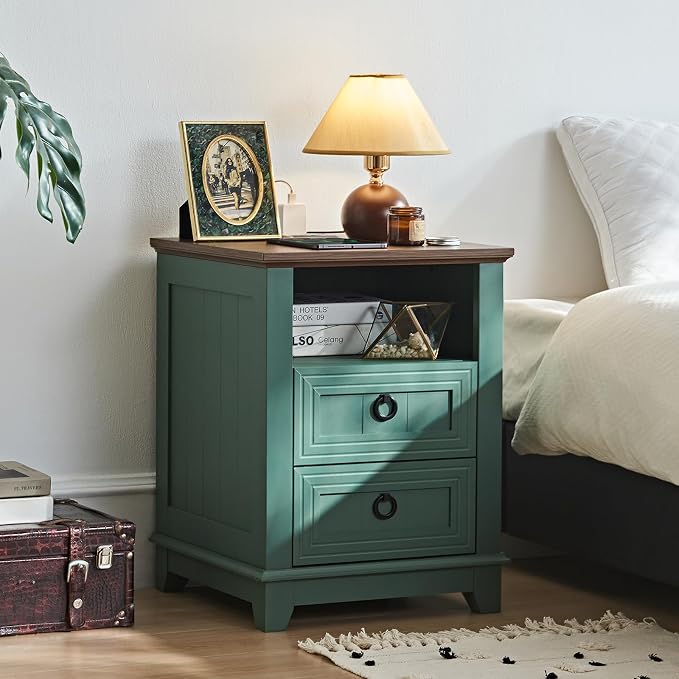 Joaxswe 18" Farmhouse Night Stand with Charging Station, 2 Drawers Bedside End Table, Green Wooden Nightstand, Bed Side Table Cabinet with Open Shelf for Bedroom Living Room Office